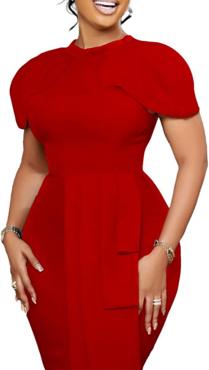 Damen Elegant Plissee Bodycon Kleid Rundhals Kurze Flügelärmel Formal Arbeit Midi Bleistiftkleid, Rot/Ausflug, einfarbig (Getaway Solids), Klein – Bild 3