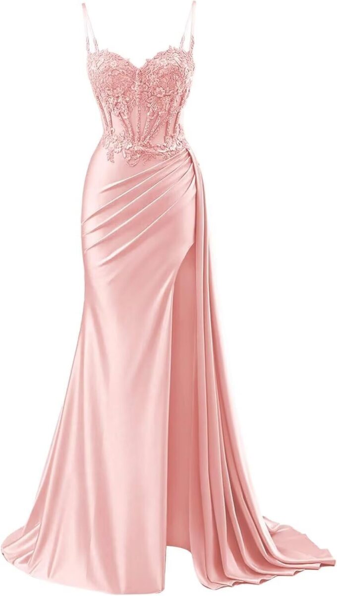 Lace Appliques Prom Dresses 2025 Long with Slit Corset Pleated Satin Mermaid Formal Ball Gown