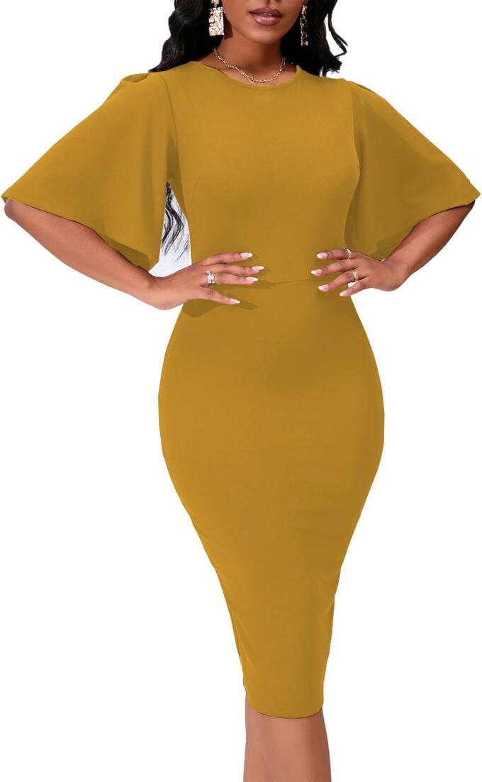 Women's Basic Bodycon Ruffle Flared Short Sleeve Pencil Midi Dress – Bild 3