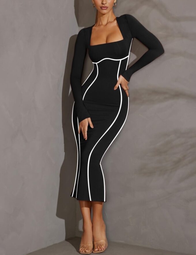 MAYFASEY Women's Square Neck Long Sleeve Dress Contrast Binding Cocktail Party Club Long Dress Back Slit Maxi Dress – Bild 4