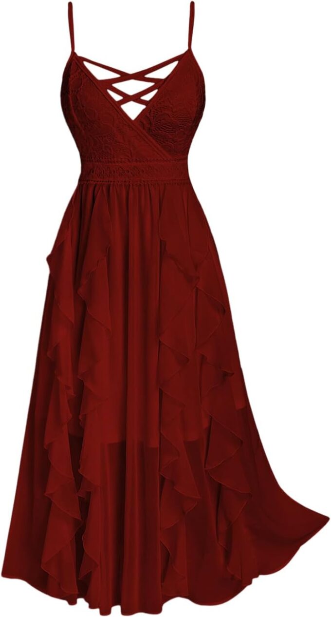 Rosegal Plus Size Party Dress for Women Lace Ruffles Cirsscross Cocktail Bridesmaid Wedding Guest Maxi Cami Formal Dress