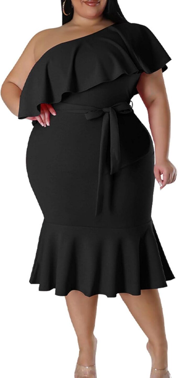 SOMTHRON Women's Plus Size One Shoulder Dresses Ruffle Short Sleeve Belted Bodycon Cocktail Party Midi Dress