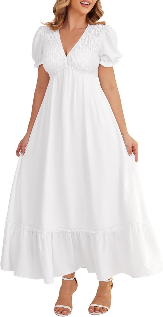 Plus Size Maxi Dresses - Black Empire Waist Dress for Women: Flowy Tiered Short Puff Sleeve Dresses for Beach 2025