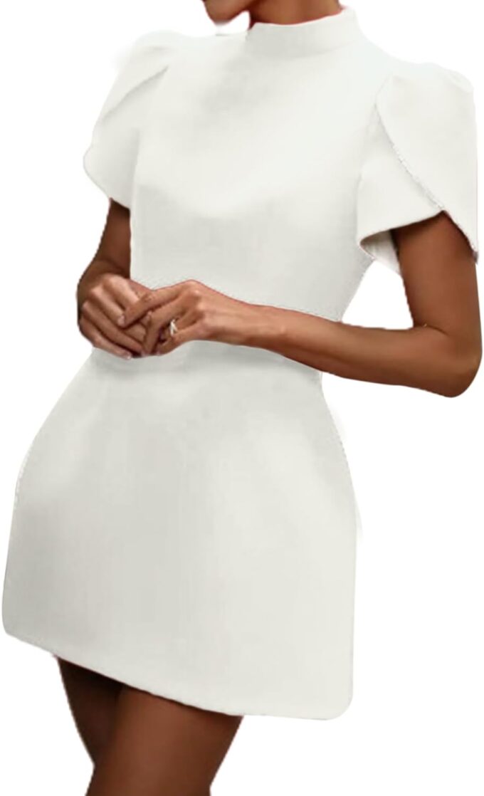 AMPOSSTO Women's Elegant Bow Backless Hollow Out Mini Dress Turtleneck Short Sleeve Pad Shoulder Dresses for Party Cocktail – Bild 2