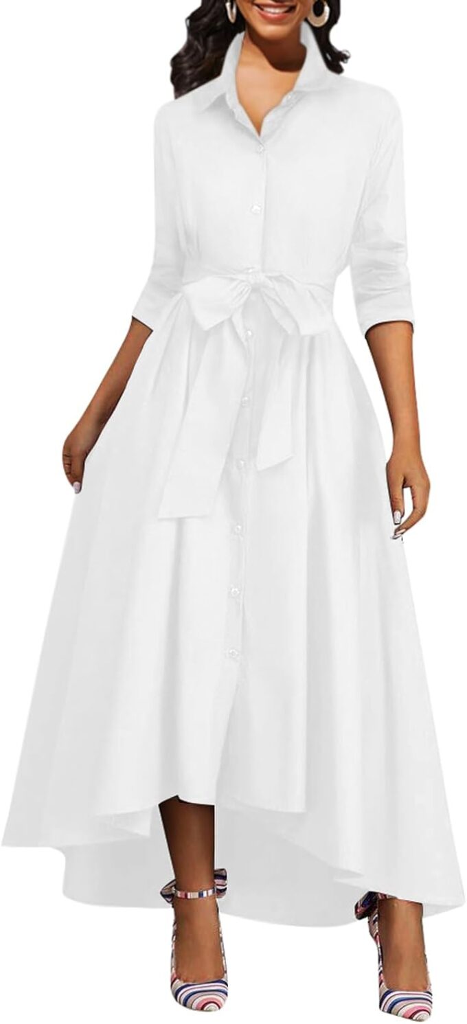 Women's Button Down T-Shirt Dress Casual High Low V Neck Loose Long Dress with Belts