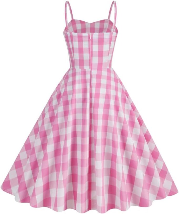 Pink Gingham Dress for Women Vintage Rockabilly 1950s Spaghetti Strap A-Line Swing Midi Cocktail Party Pageant Dress – Bild 3