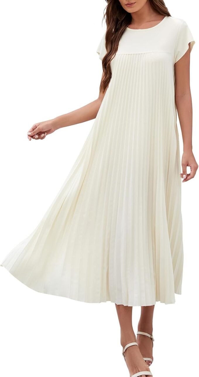 SEAFORM Women's Summer Dress Round Neck Casual Loose Dresses Short Sleeve Lightweight Maxi Dresses for Women with Pockets