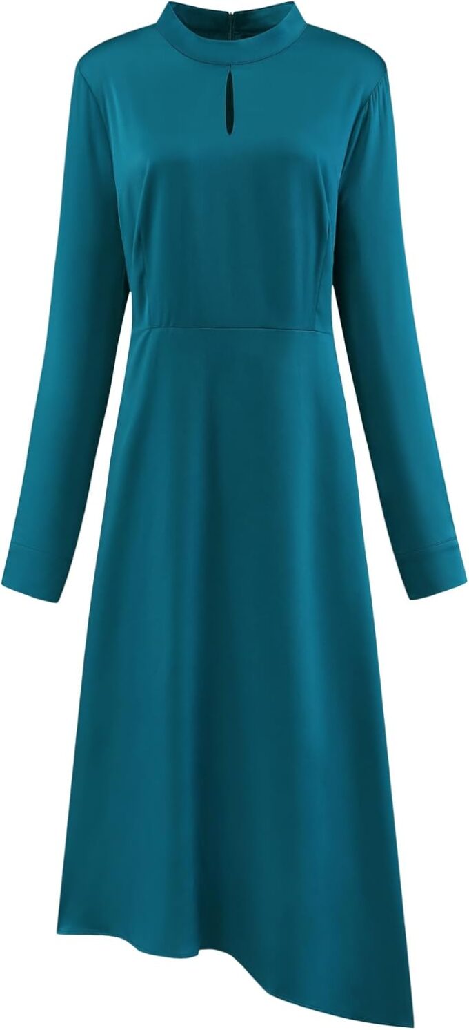 Hobemty Damenkleid aus Satin, elegant, langärmelig, Stehkragen, Keyhold A-Linie Kleid