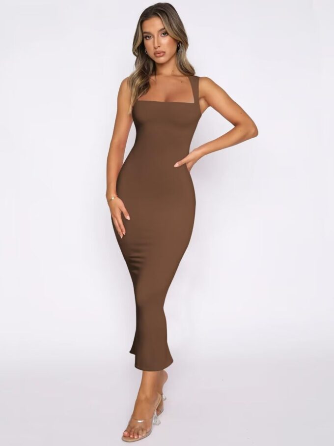 Women's Sexy Bodycon Midi Dress Summer Sleeveless Square Neck Slim Fit Back Slit Long Party Club Dresses – Bild 2