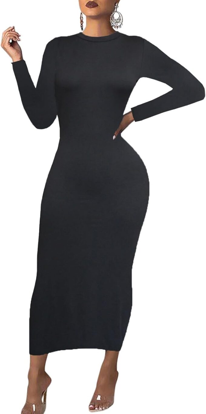 Women's Long Sleeve Bodycon Dress - Maxi Casual Fall Club Party Long Tight Pencil Dresses
