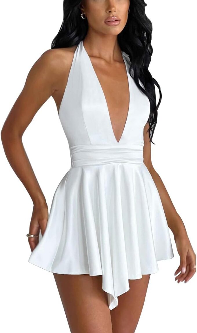 LuFeng Women's Sexy Sleeveless Halter Deep V Neck Backless Tie Back Waist Flowy Drape Satin Cocktail Mini Dress – Bild 2