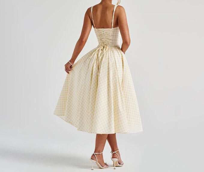 Summer Gingham Long Dress Corset Square Neck Lace Up Casual Sundress Backless A Line Short Dresses for Women – Bild 6