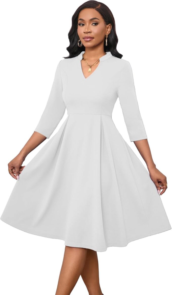Max2co Midi Dresses for Women Semi Formal Fit and Flare A-Line Swing Dress 3/4 Sleeve Church Cocktail Dress with Pockets – Bild 2