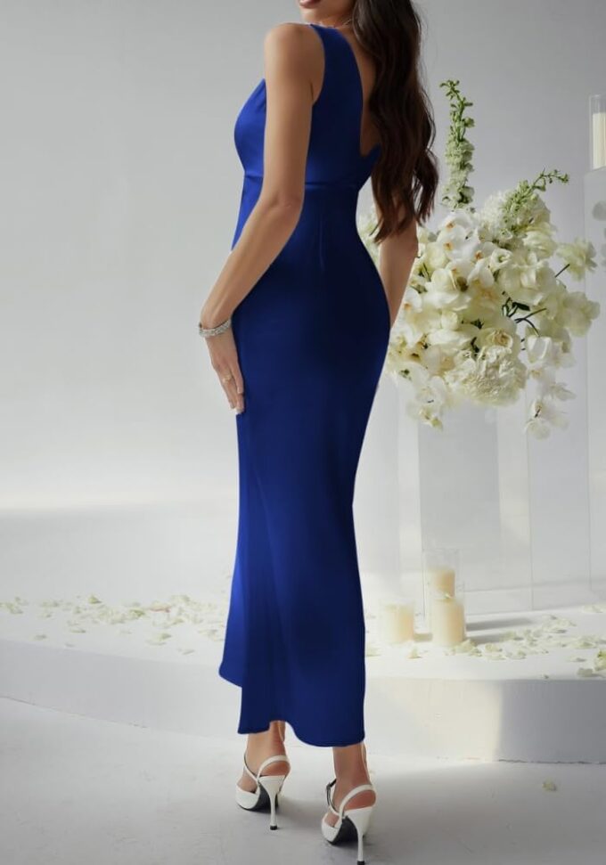 Womens Sexy V Neck Satin Silk Dress Sleeveless Formal Cocktail Prom Wedding Party Maxi Dresses – Bild 5