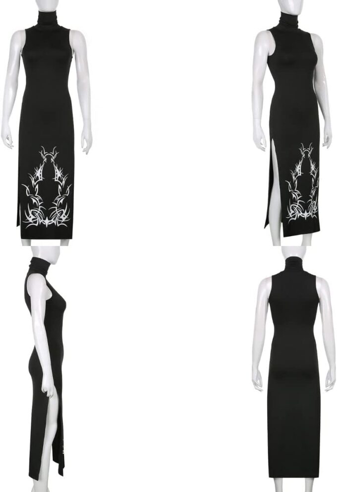Women's Black Split Side Gothic Dress Sexy Turrleneck Sleeveless Long Dress Bodycon for Halloween Party Clubwear – Bild 6