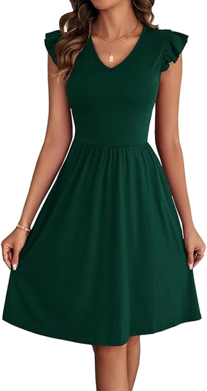 BARASA Damen Sommerkleider V-Ausschnitt Rüschen Ärmellos Sommerkleid A-Linie Knielang Kleid Cocktail Party mit Taschen D648 – Bild 2