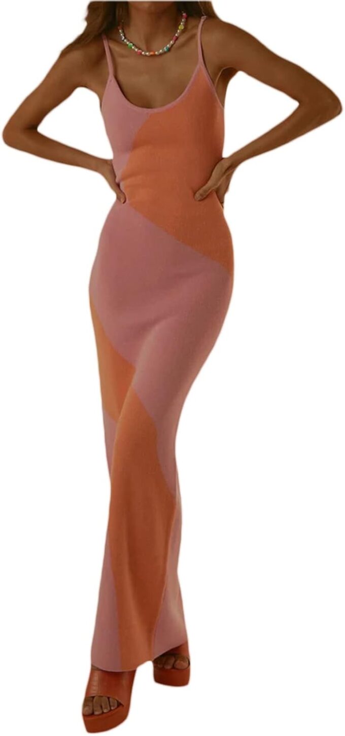 Sexy Knit Bodycon Dress for Women Sleeveless Spaghetti Strap Cut Out Maxi Dress Backless Y2K Summer Beach Dresses