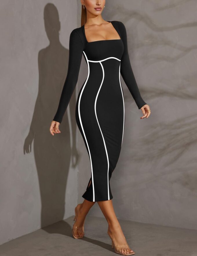 MAYFASEY Women's Square Neck Long Sleeve Dress Contrast Binding Cocktail Party Club Long Dress Back Slit Maxi Dress – Bild 3