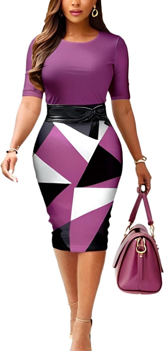 Glozeplus Bodycon Dresses for Women Sexy Pencil Business Work Floral Print Midi Dress Fashion with Belt