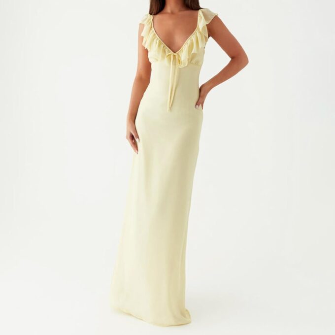 Owl's-Yard Women Sexy Dresses V Neck Sleeveless Ruffle Hem Bodycon Maxi Dress Casual Slim Backless Cocktail Party Sundress – Bild 2