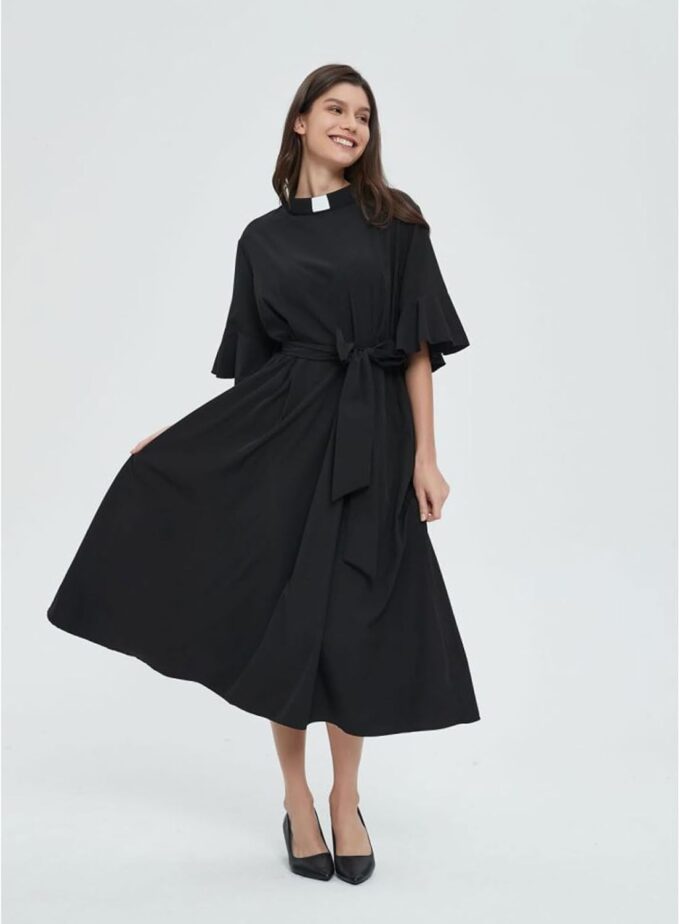 JCBFUME Clergy Kleid für Frauen Tab-Kragen Kurzarm Plus Kleid Schwarz Sommerkleidung – Bild 2