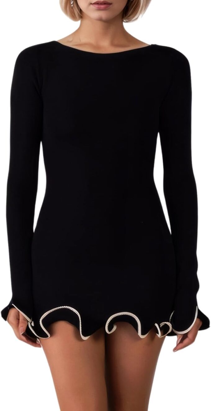Women Elegant Ruffle Hem Knit Mini Dress Long Sleeve Contrast Color Patchwork Bodycon Short Sweater Dress Fall