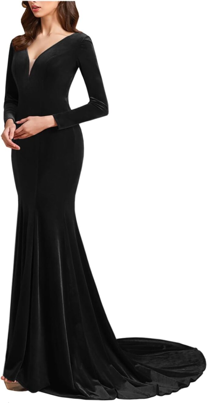 Women's Deep V-Neck Velvet Prom Dresses Long Mermaid Court Train Evening Party Gown with Long Sleeves SZPD02