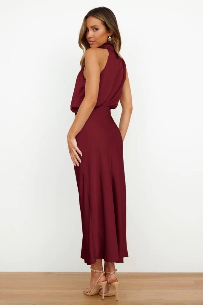 Plustrong Women‘s Summer Satin Dress Sleeveless Mock Neck Formal Cocktail Party Wedding Guest Maxi Dresses – Bild 7