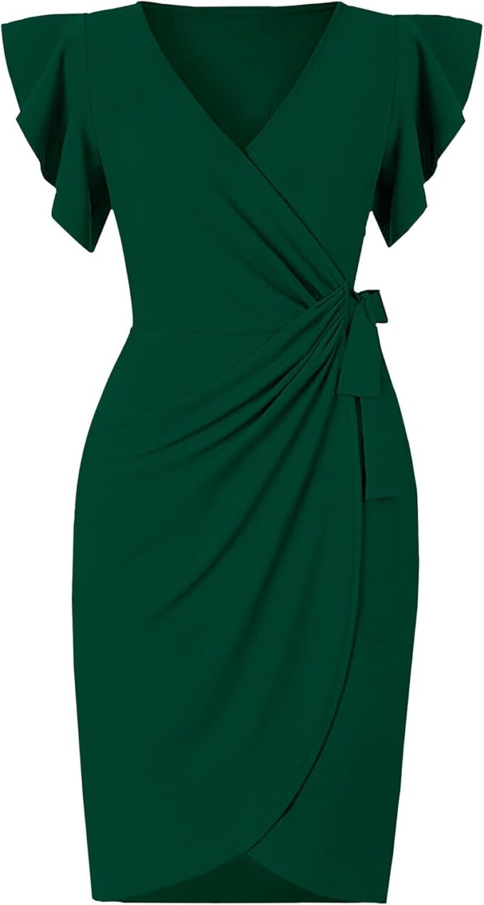2025 Womens Deep V Neck Ruffle Sleeve Plus Size Work Cocktail Party Elegant Ruched Midi Wrap Dress with Belt – Bild 2