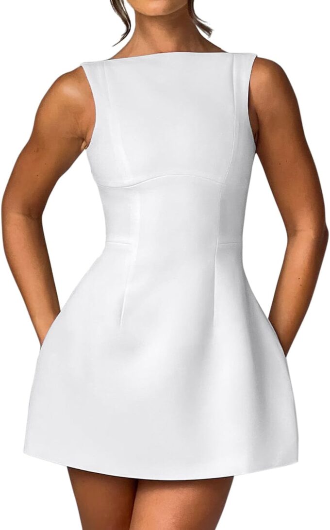 LCNBA Women's Summer Backless Boat Neck Sleeveless Mini Dress Sexy Open Back A-line Graduation Dress – Bild 2