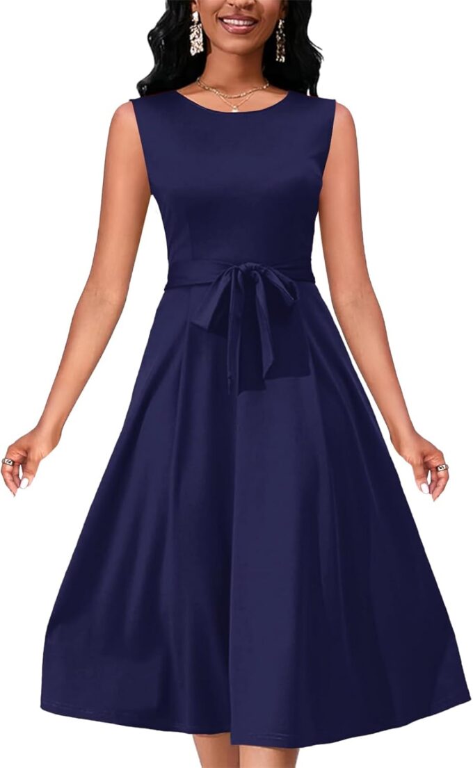 PerZeal Women's Summer Casual Solid Dress Sleeveless Crew Neck Formal Wedding Guest A Line Midi Dress
