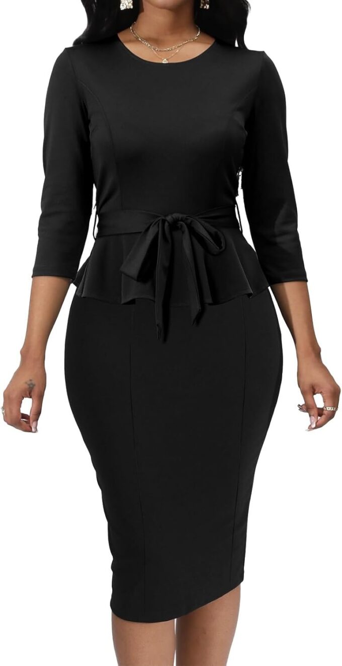 Women's Dress Work Business Bodycon Dress 3/4 Lantern Sleeves Round Neck Pencil Dresses