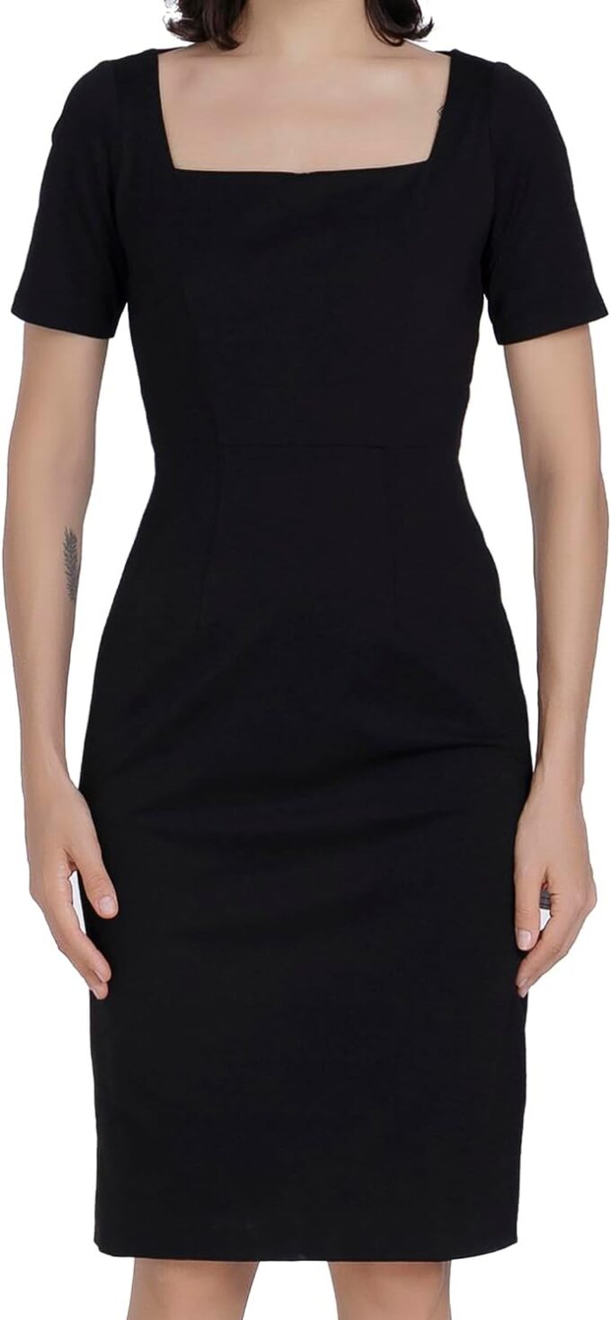 Alantino Damenkleid mit quadratischem Ausschnitt, kurze Ärmel, mittellang, formelle Business-Kleidung