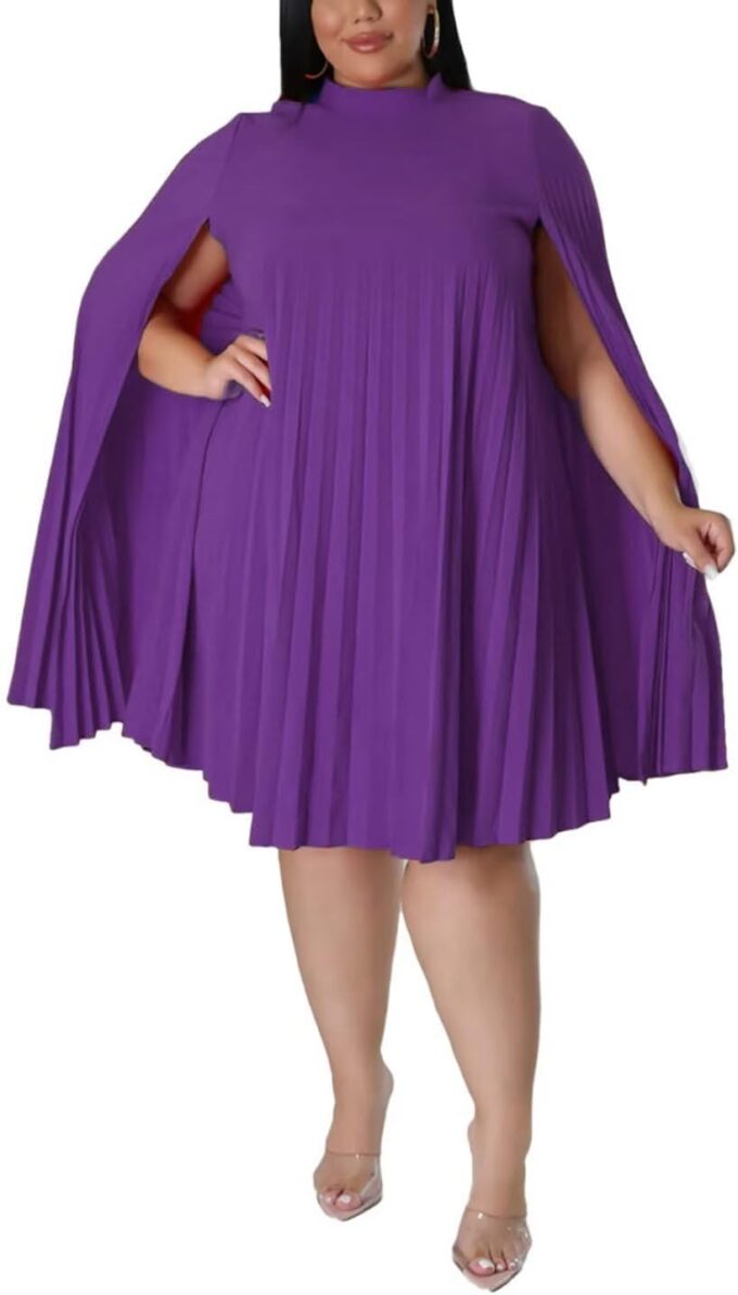 KEYUFANG Women’s Plus Size Cape Sleeve Elegant Loose Pleated Short Dress for Cocktail Party