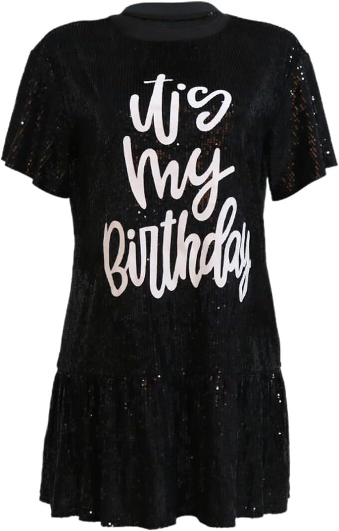 KIRJAUDU Women Sparkly Sequin Mini Dress Crewneck Bling Letter Print Half Sleeve Loose Mini Dress Clubwear – Bild 3