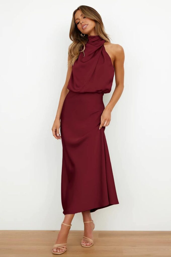 Plustrong Women‘s Summer Satin Dress Sleeveless Mock Neck Formal Cocktail Party Wedding Guest Maxi Dresses – Bild 4