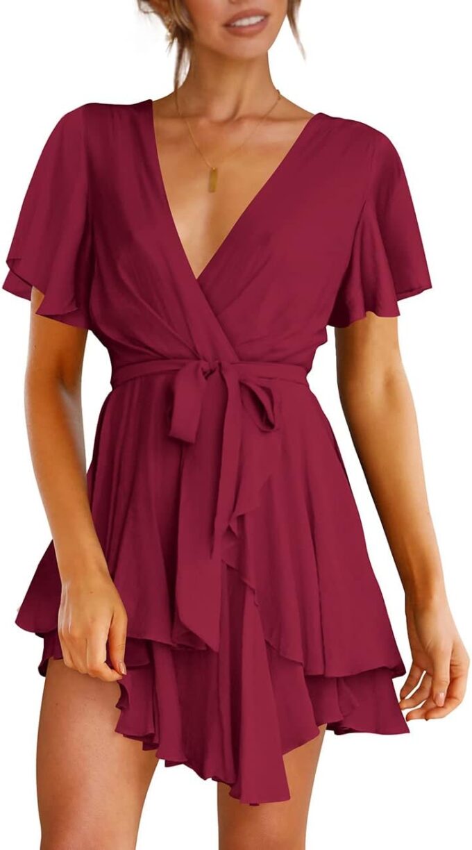 Cosonsen Women's Dress Deep V-Neck Long Sleeve Waist Tie Ruffle Mini Swing Skater Dresses