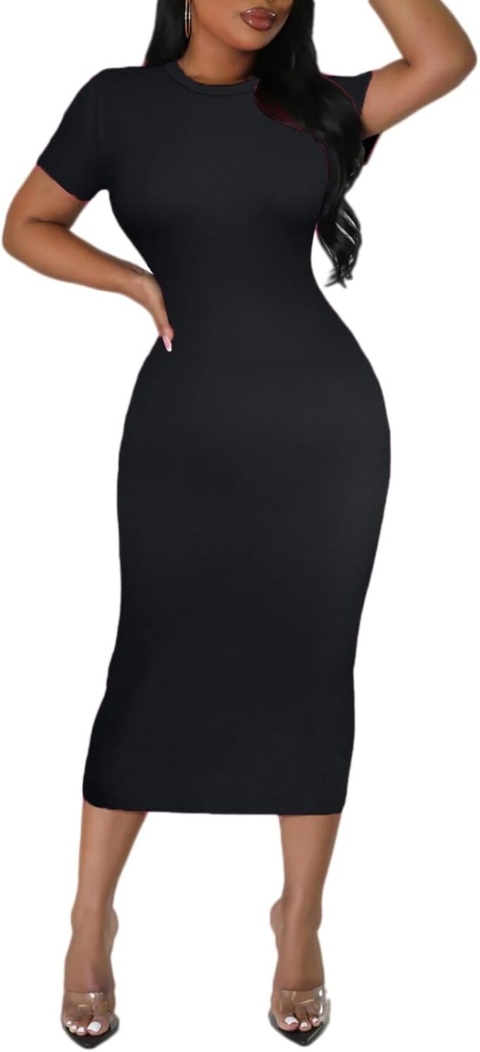 Women's Long Bodycon Dress - Summer Casual Short Sleeve Midi Club Party Fitted Tight Dresses – Bild 4