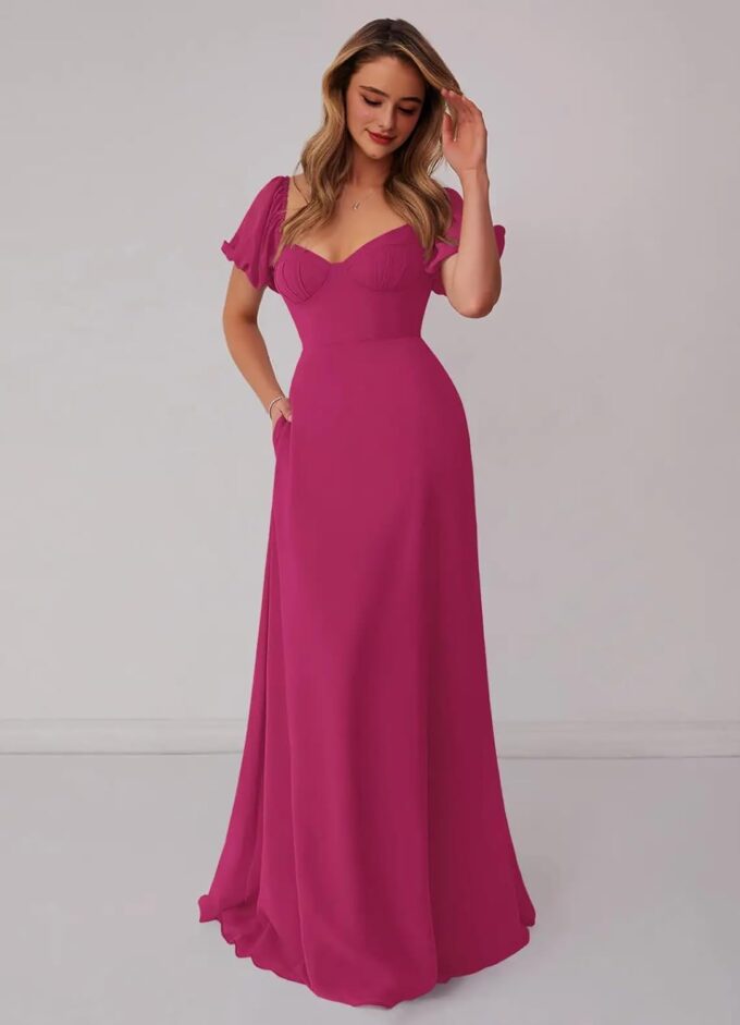 Short Sleeve Bridesmaid Dresses for Wedding Sweetheart Neck A Line Chiffon Corest Formal Wedding Guest Dress for Women – Bild 6
