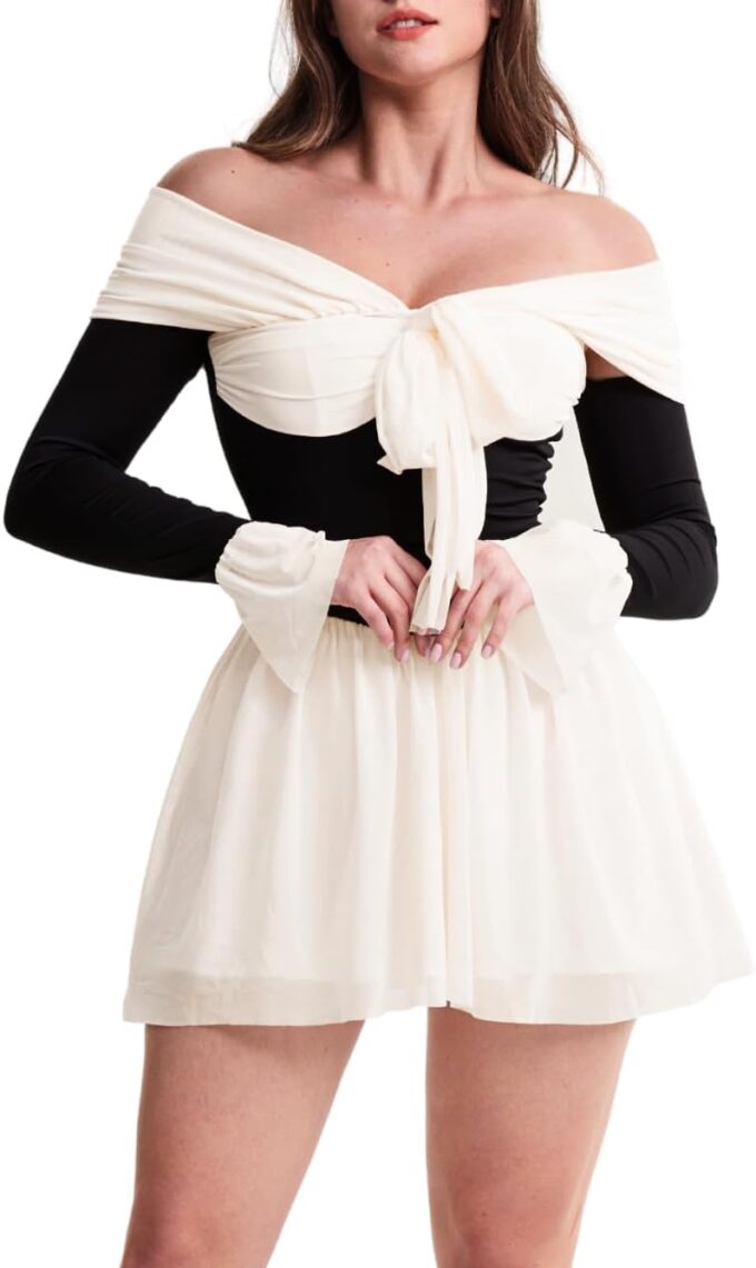 Kaei&Shi Date Night Dresses for Women, Cute Tulle Bell Flare, Homecoming Birthday Dinner, Sexy Off Shoulder Mini Long Sleeve