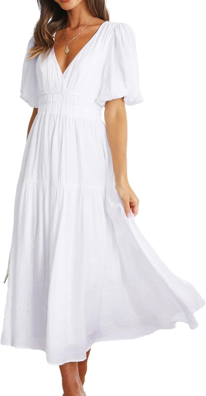 2025 Summer Deep V Neck Casual Dresses for Women Elegant Flowy Midi Dress Wedding Guest Dress