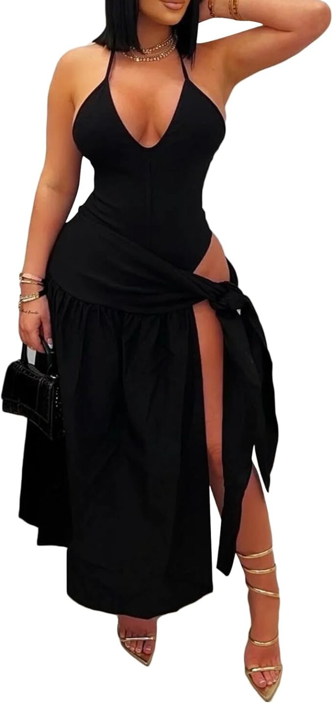 Unybwonn Women 2 Piece Maxi Skirt Sets Sexy Halter Thong Bodysuits Side Slit Maxi Skirt Set Beach Cover up Outfits