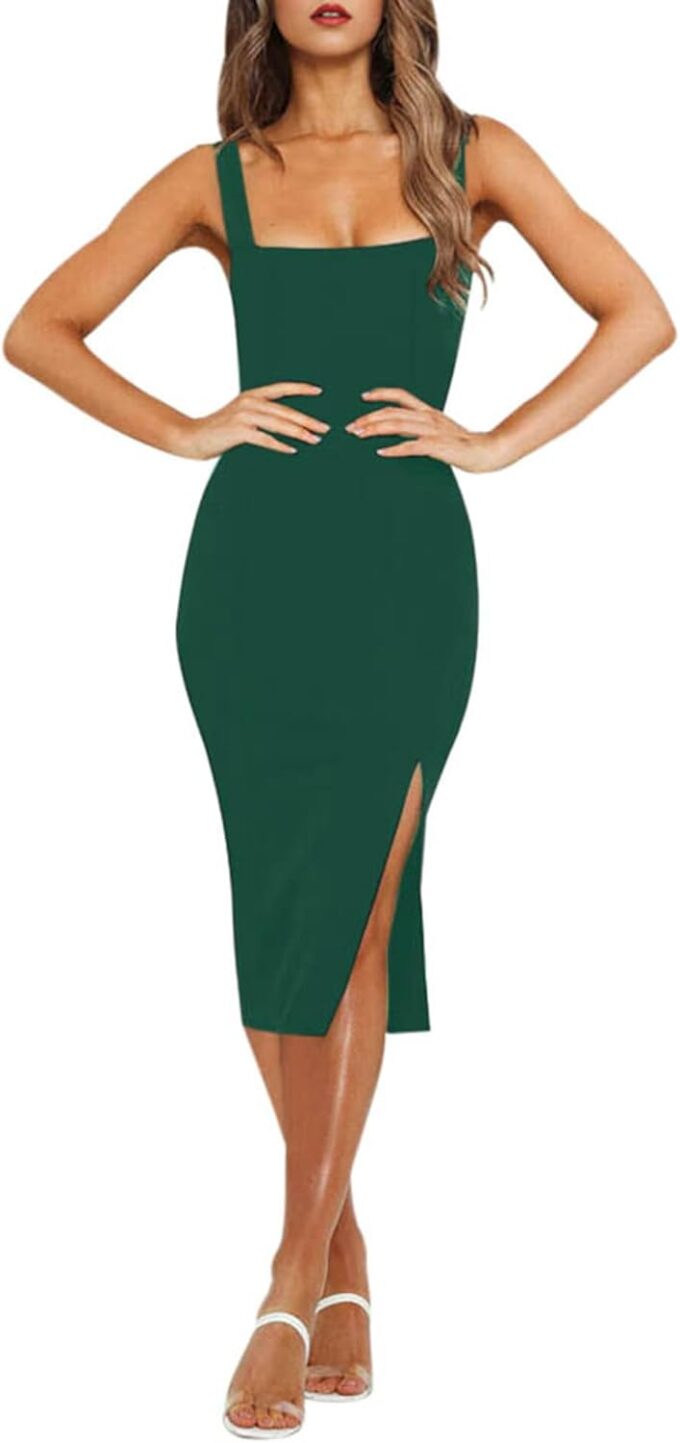 Bonkwa Womens Cocktail Dresses Summer Sleeveless Formal Dress Square Neck Wedding Guest Slim Dress Solid Slit Midi Dresses – Bild 2