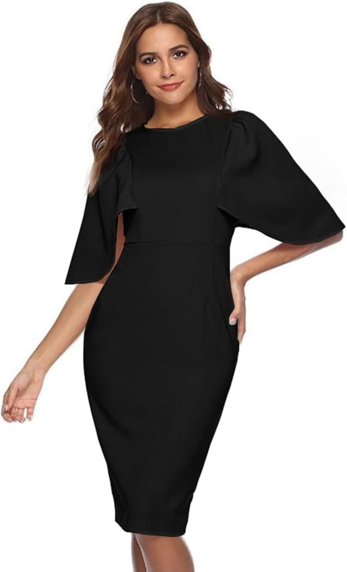 Memoriesea Women's Ruffle Flared Sleeve Bodycon Pencil Formal Cocktail Midi Dress – Bild 2