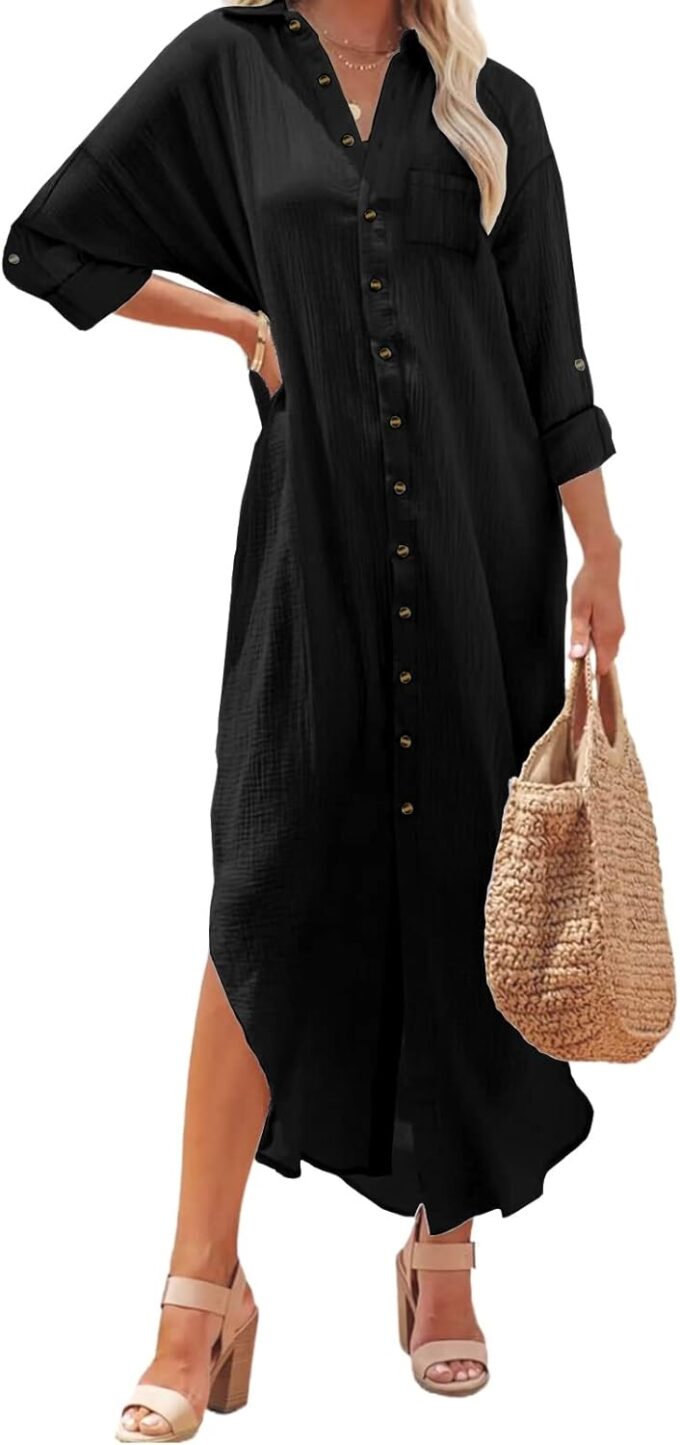 Kuraki Women's Casual Print Button Front Maxi Shirt Dress