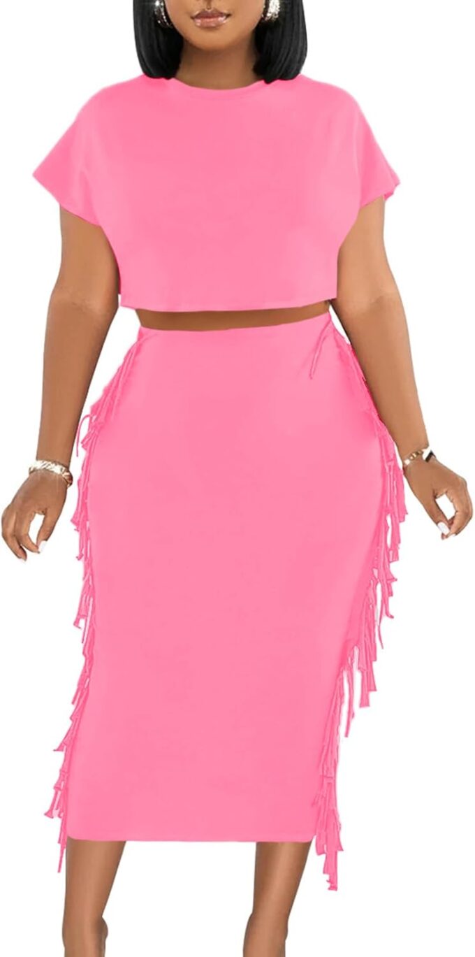 LYANER Women's 2 Piece Outfits Crew Neck Fringe Short Sleeve Crop Top and Tassel Trim Bodycon Midi Skirt Set
