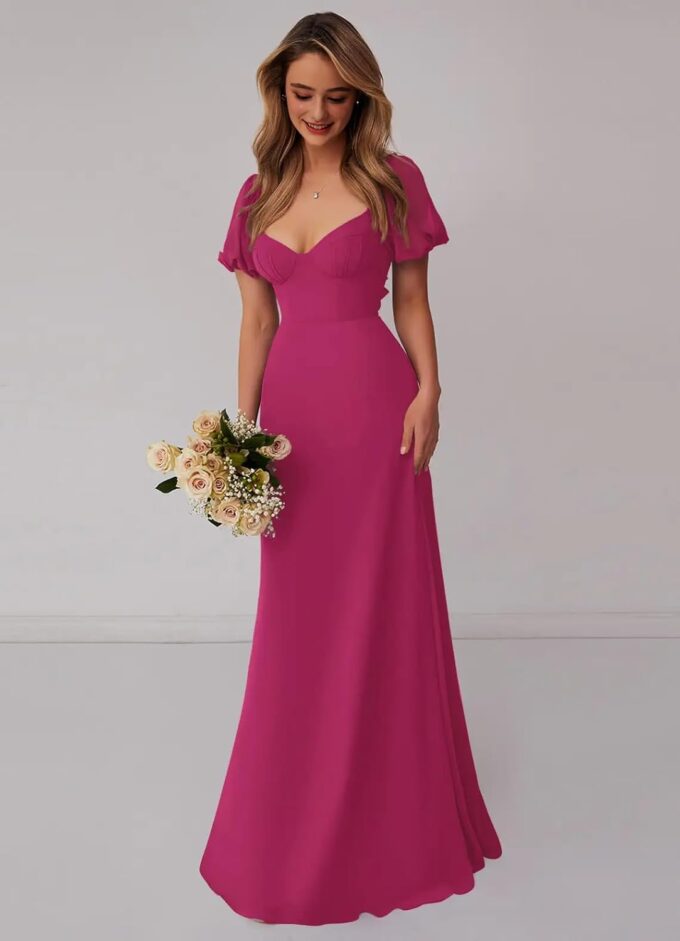 Short Sleeve Bridesmaid Dresses for Wedding Sweetheart Neck A Line Chiffon Corest Formal Wedding Guest Dress for Women – Bild 3