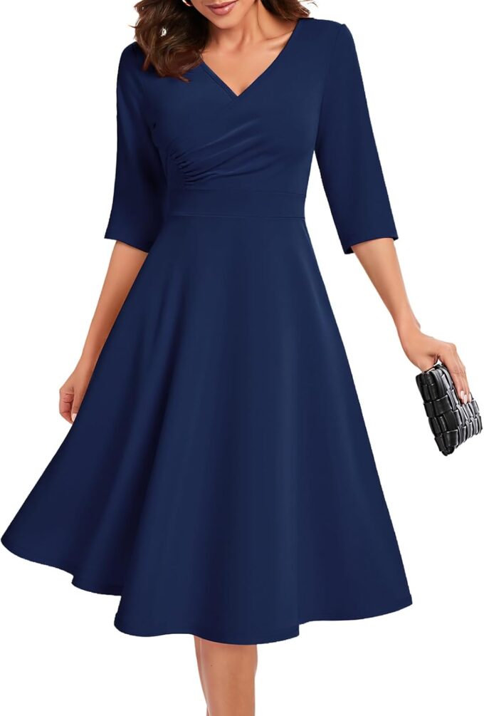 Bbonlinedress Abendkleider elegant für Hochzeit Langarm Winterkleid festliches Kleid mit Taschen Party Cocktailkleid Rockabilly Kleider