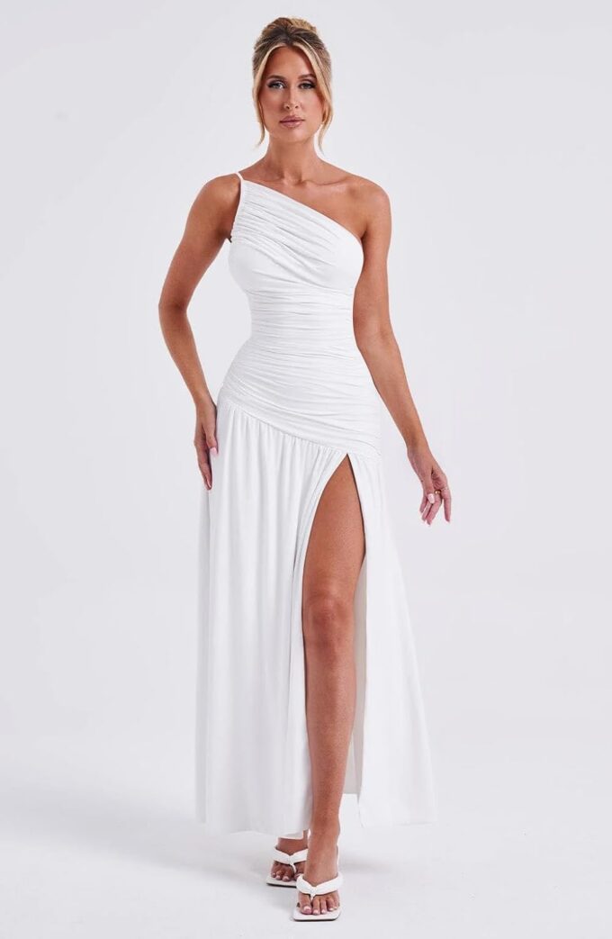 Memoriesea Women's Sexy One Shoulder High Split Ruched Cocktail Party Formal Maxi Dress – Bild 4