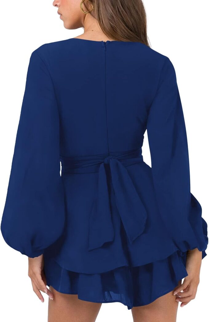 Nova In Sky Womens Sexy V Neck Long Sleeve Tie Waist Ruffle Hem Flowy Swing Mini Short Wrap Dress – Bild 3